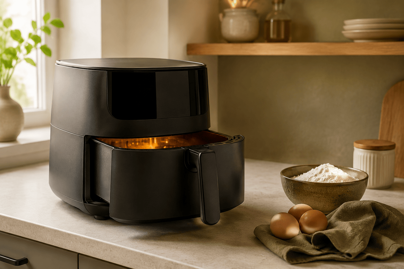 Een moderne airfryer met een iets geopend mandje in een lichte keuken