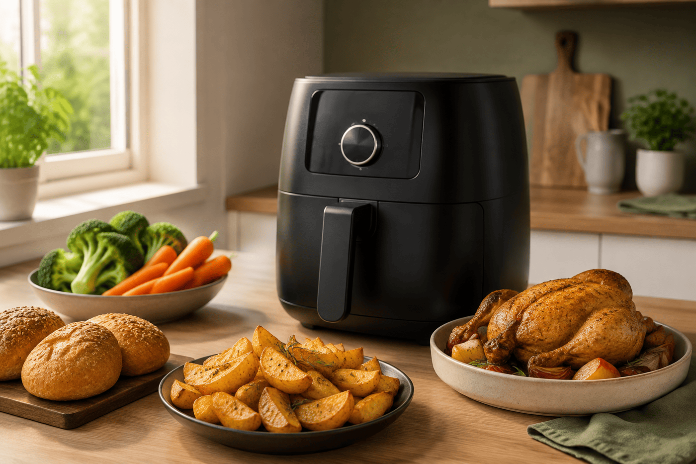 Een airfryer met verschillende verse ingrediënten op een keukenblad