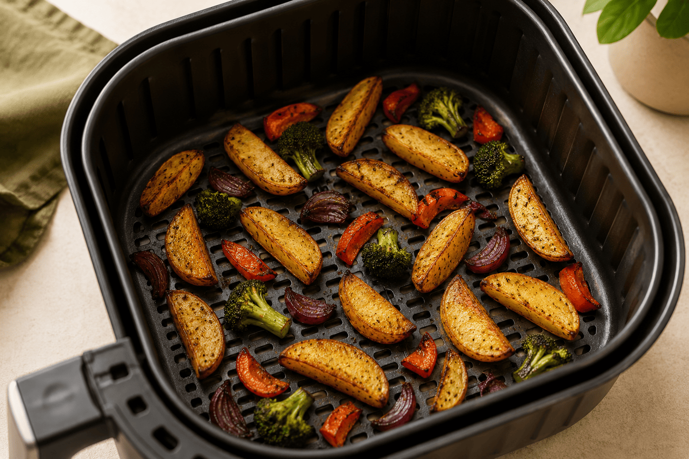 Een luchtig gevuld airfryermandje met goudbruine aardappelpartjes
