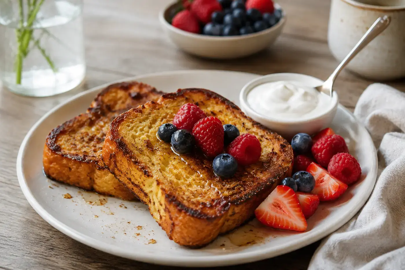 Goudbruine wentelteefjes met rood fruit en poedersuiker.