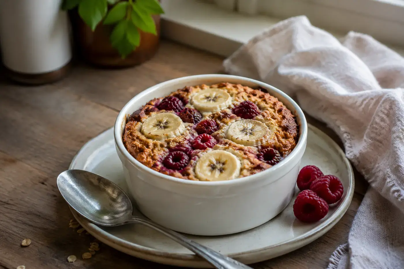 Baked oats met banaan, frambozen en een lepel yoghurt.