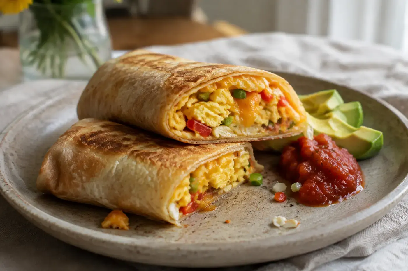 Krokante ontbijtburrito met ei, paprika, kaas en salsa.