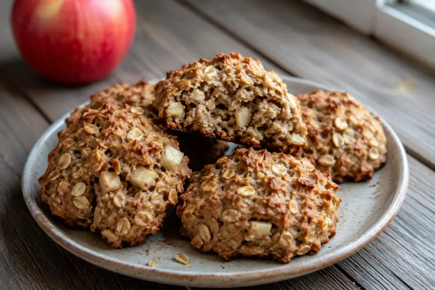 Appel-havermoutkoekjes met kaneel op een ontbijtbord.