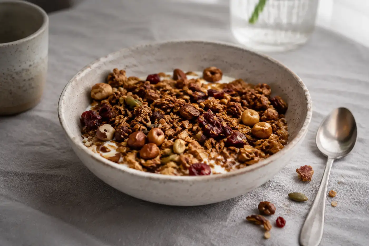 Krokante zelfgemaakte granola met noten, zaden en yoghurt.