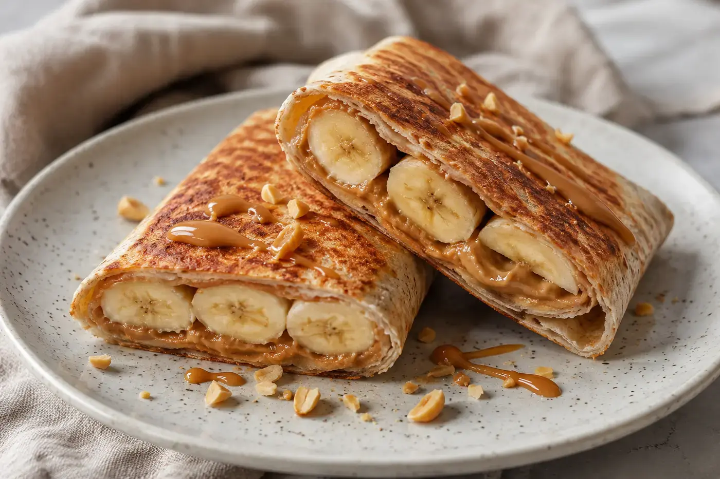 Warme ontbijtwrap met banaan, pindakaas en kaneel.