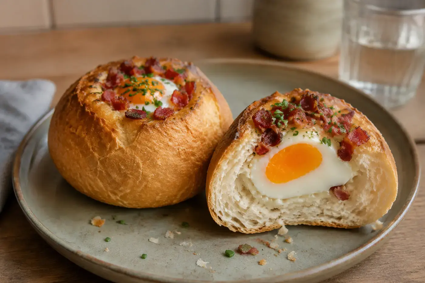 Gevuld ontbijtbroodje met ei, krokant spek en cheddar.
