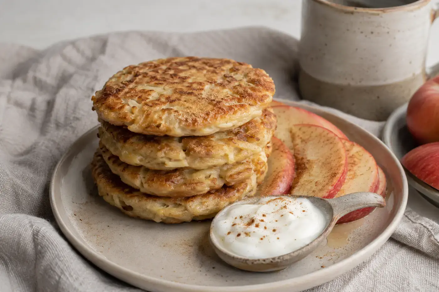 Kleine appelpannenkoekjes met kaneel en verse appel.