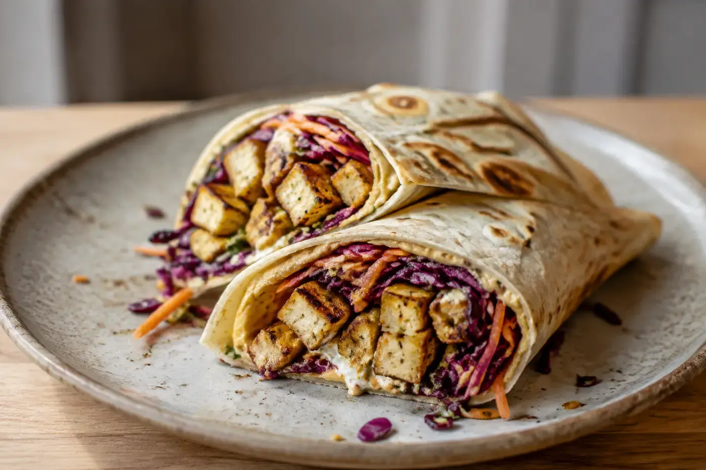 Wraps gevuld met goudbruine halloumi en knapperige koolsla.