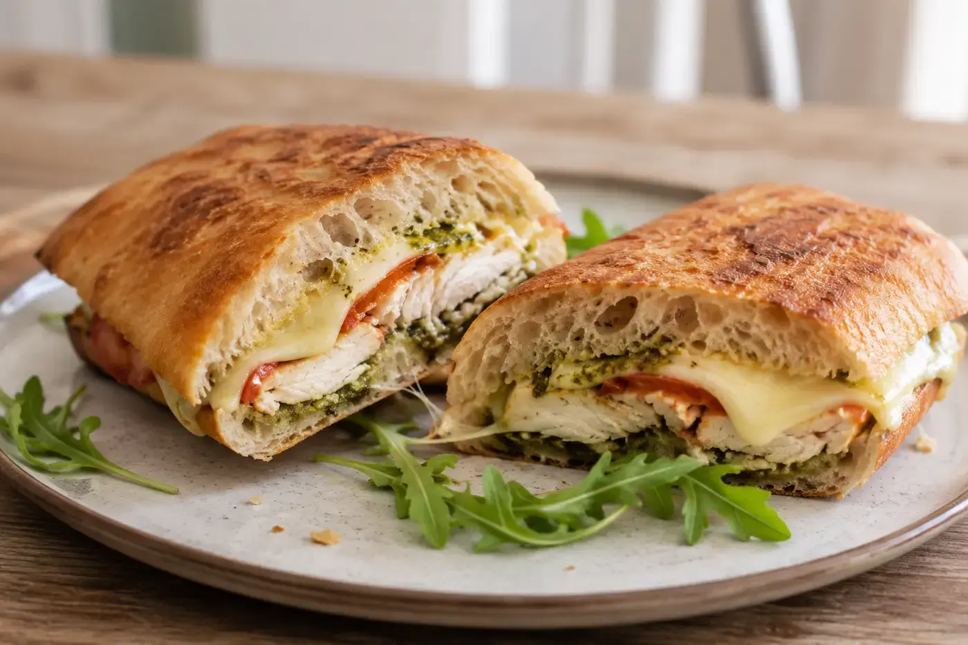 Krokante kip-pestopanini met mozzarella, tomaat en rucola.
