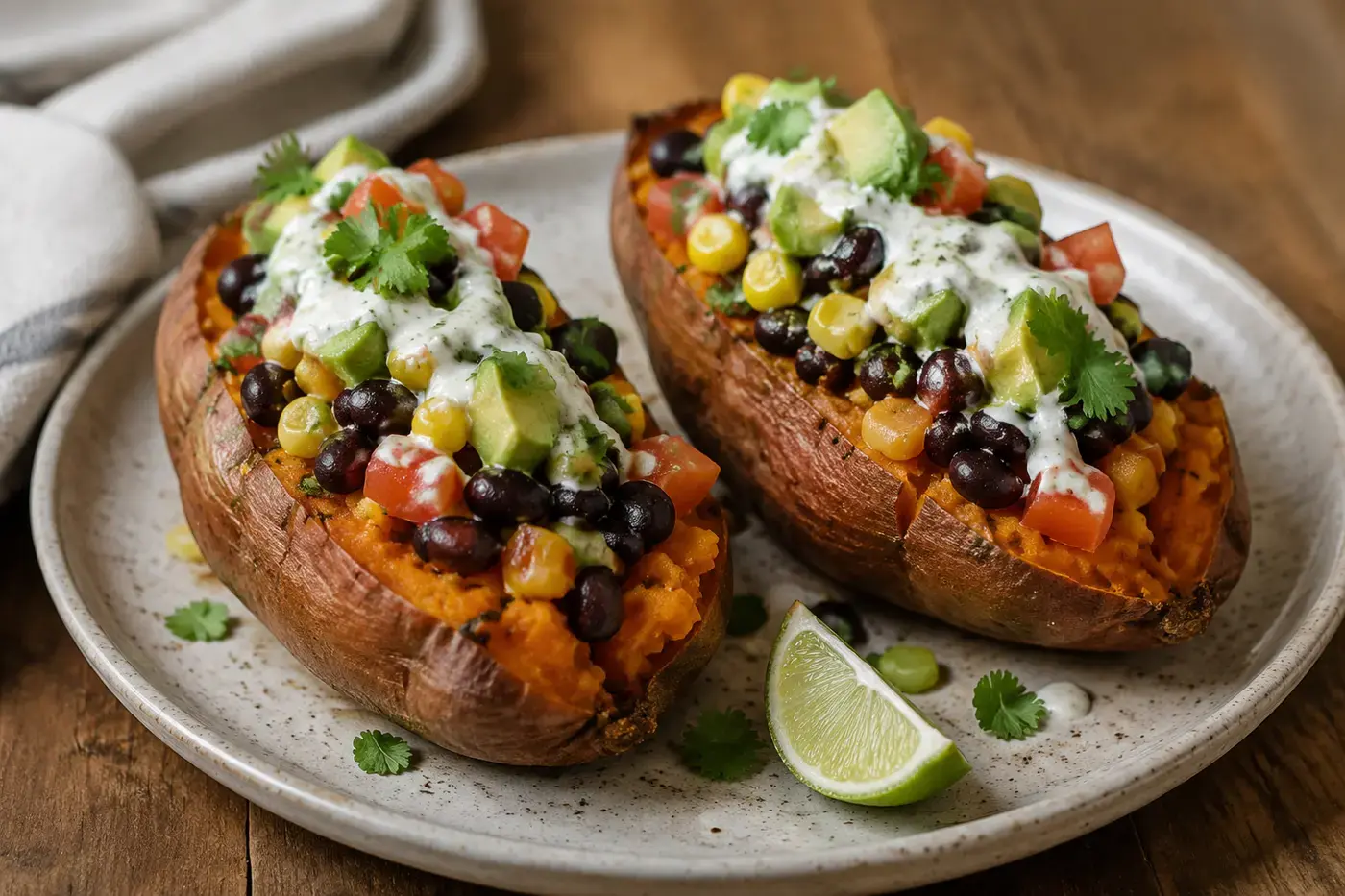 Gevulde zoete aardappel met zwarte bonen, mais, avocado en kaas.