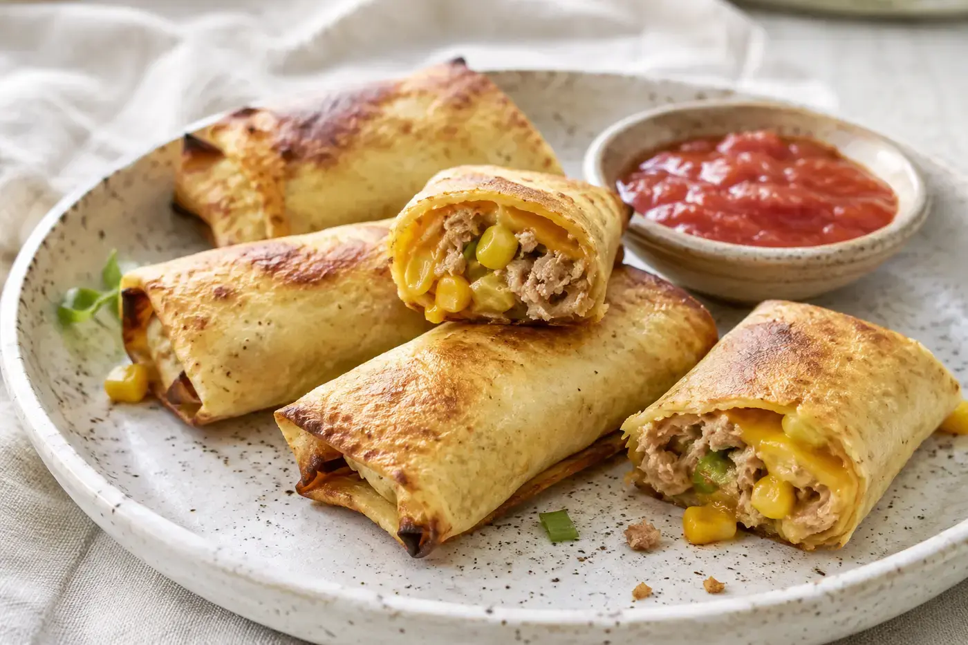 Krokante tonijn-meltrolletjes met gesmolten cheddar.