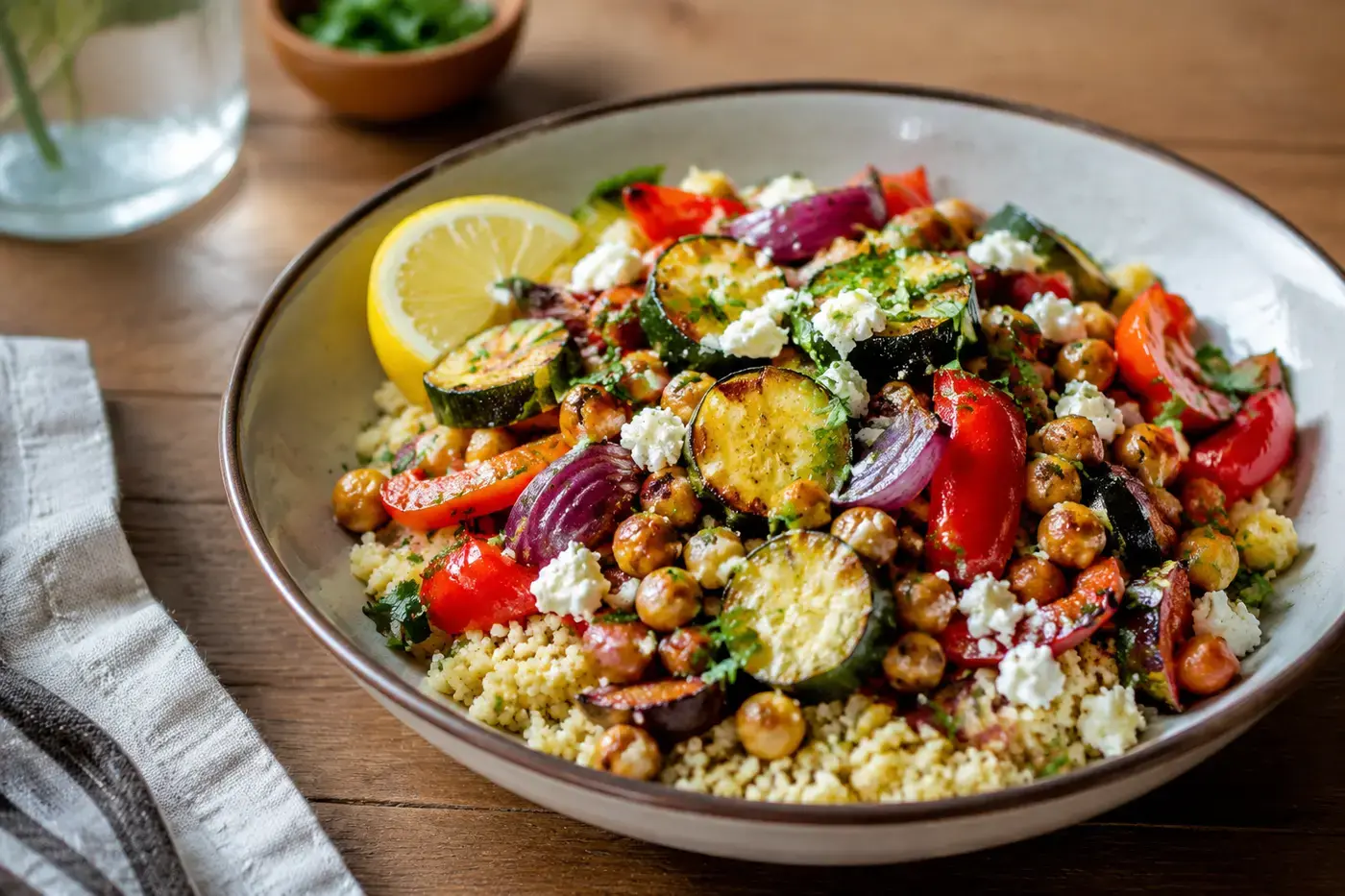 Couscousbowl met geroosterde courgette, paprika en kikkererwten.