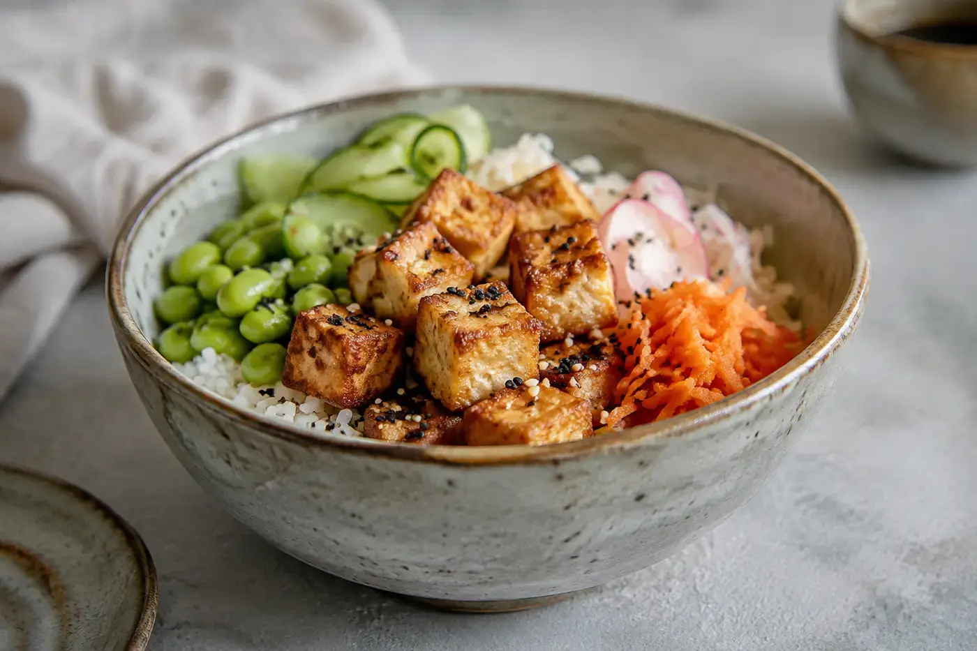 Krokante tofubowl met broccoli, wortel, rijst en sesam.