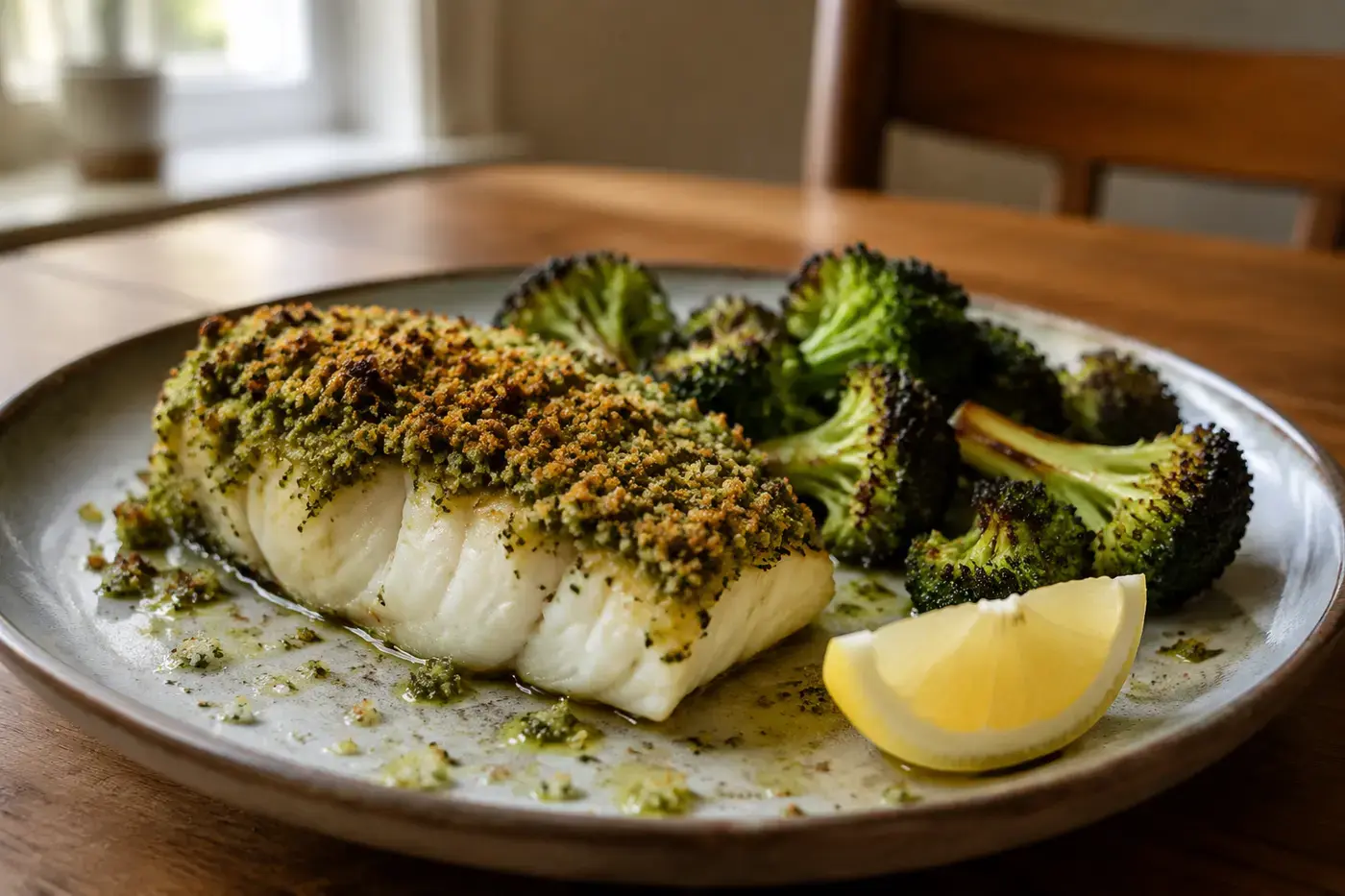 Kabeljauw met pestokorst, broccoli en citroen.