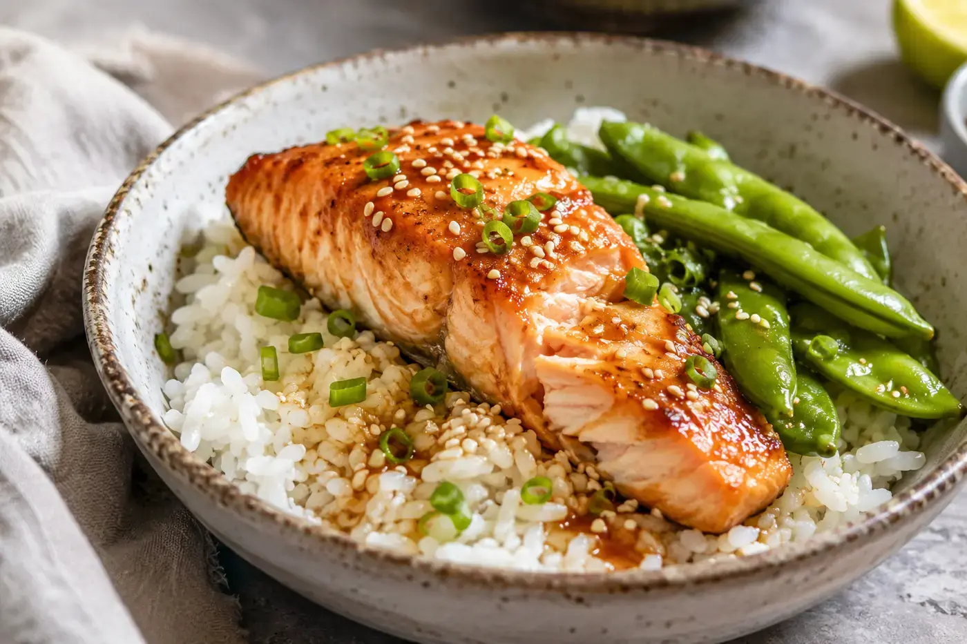 Teriyaki-zalm met sugarsnaps, rijst en sesam.