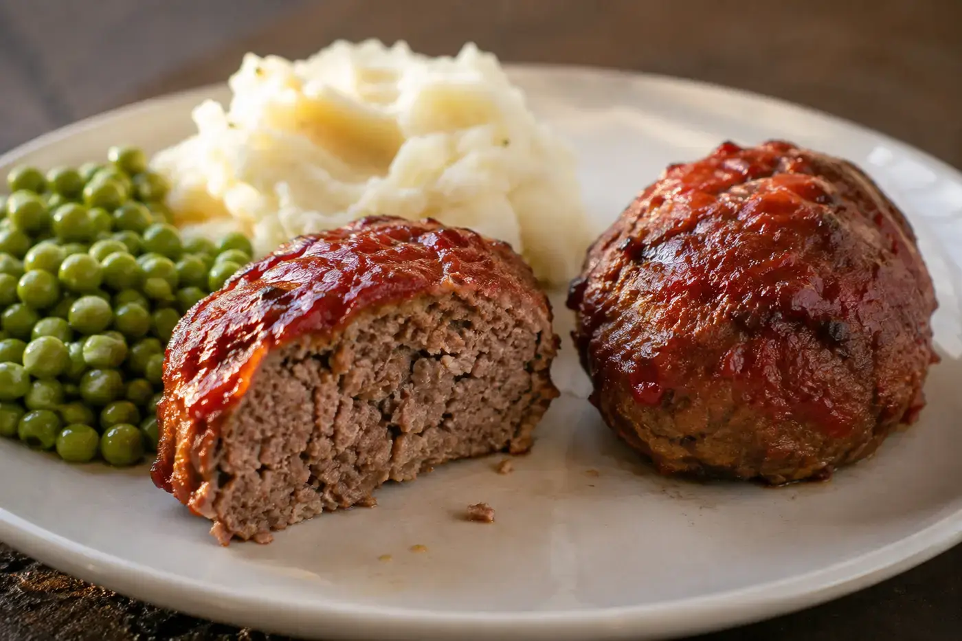 Mini-gehaktbroodjes met tomatenglazuur, puree en erwten.