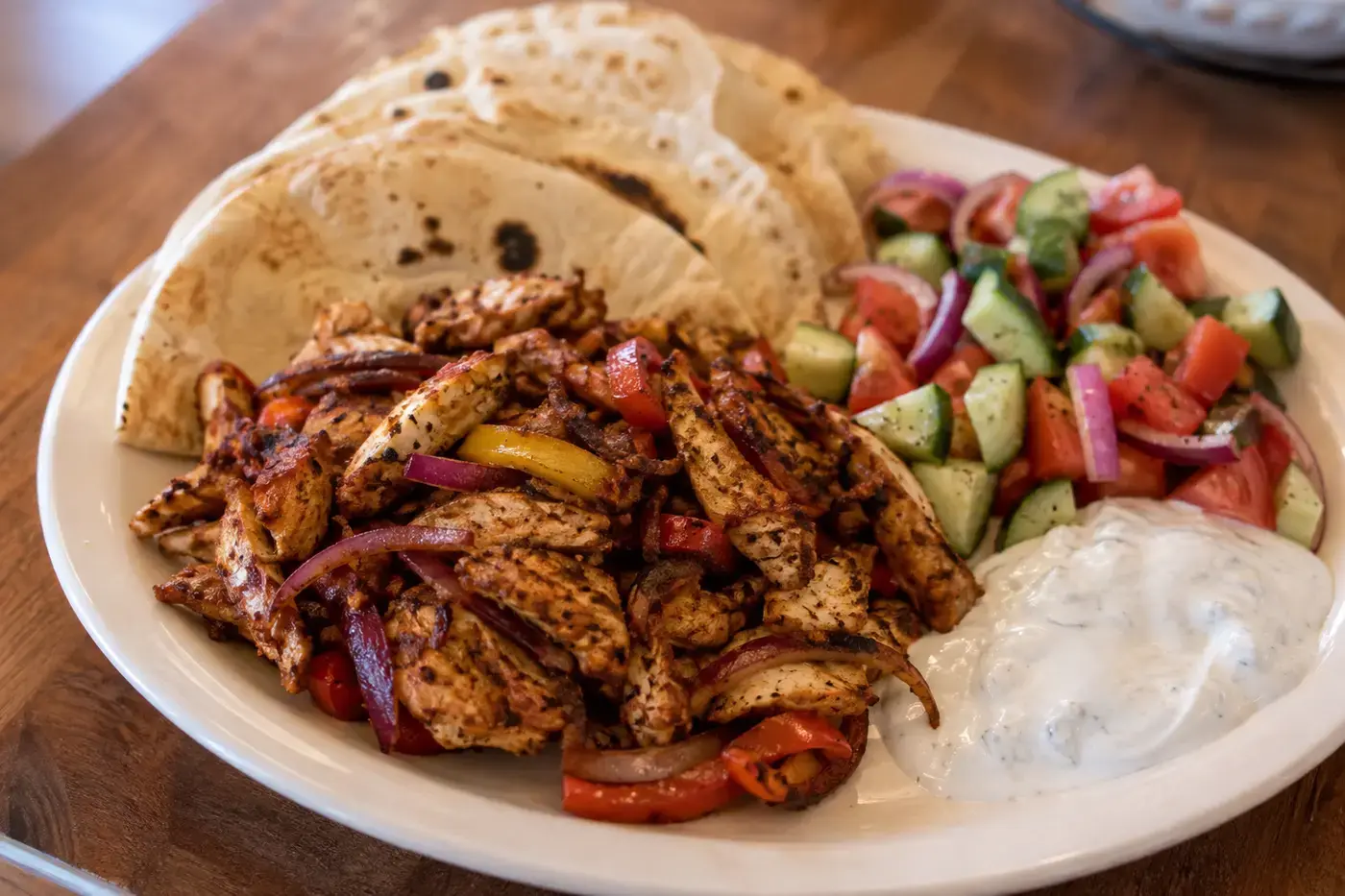 Kipshoarma met paprika, rode ui, pita en salade.