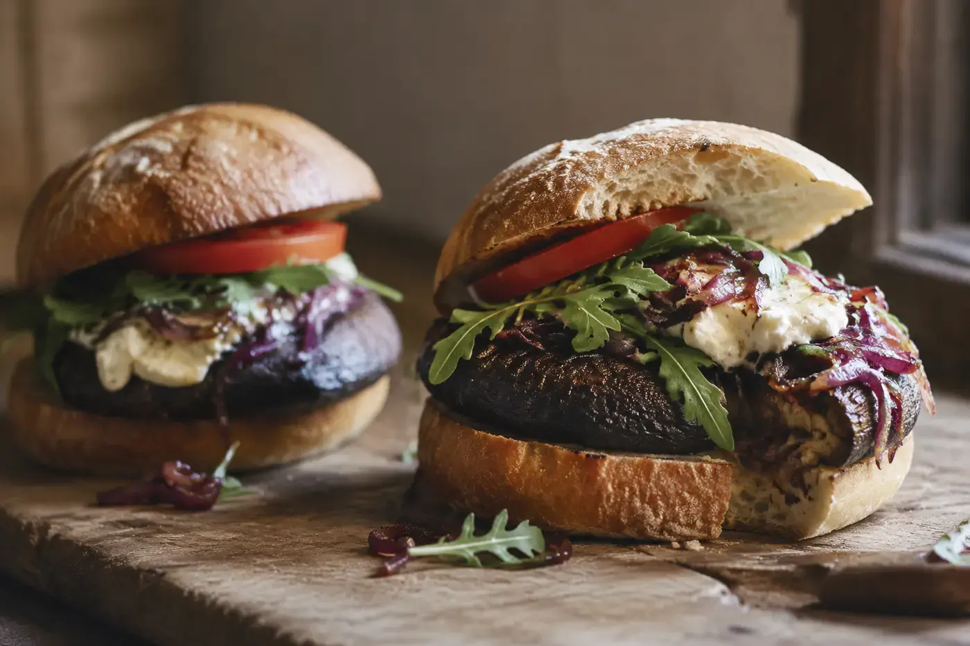 Portobelloburgers met geitenkaas, rode ui en rucola.