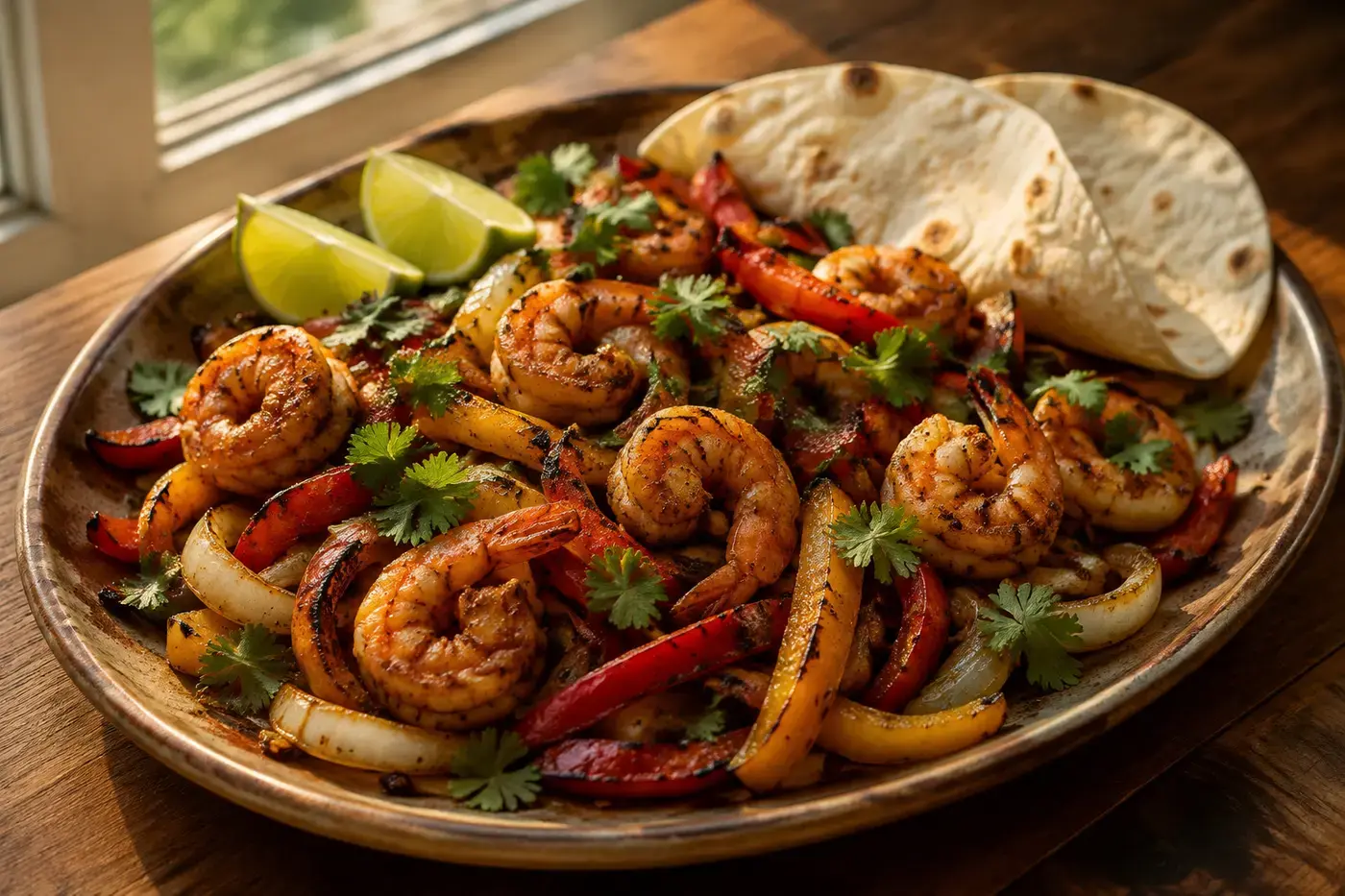Garnalenfajita met paprika, ui, limoen en tortilla’s.