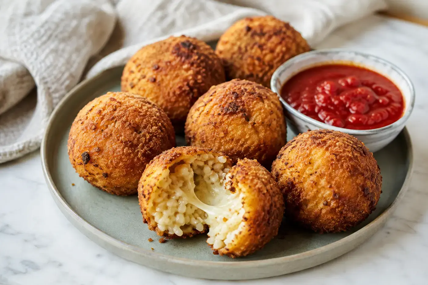 Krokante arancini met risotto en gesmolten mozzarella.