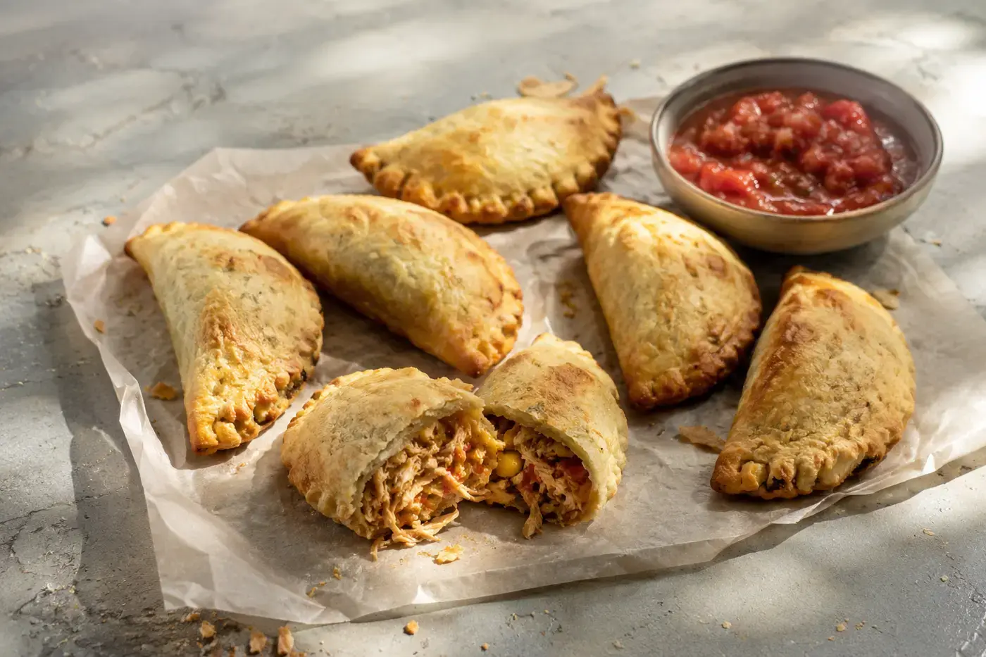 Mini-kipempanadas met paprika, mais en salsa.