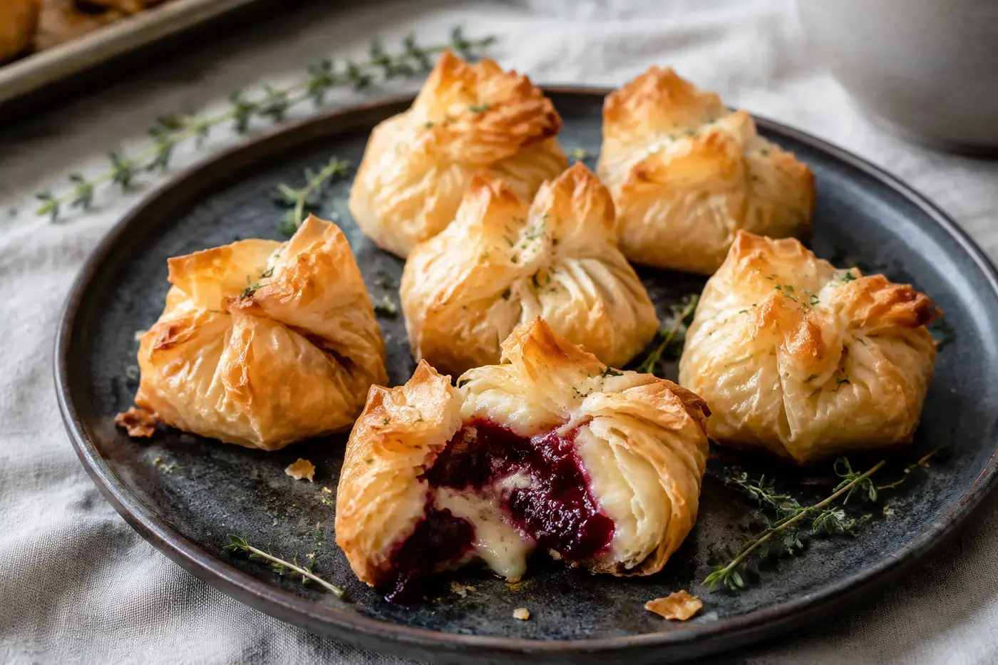 Krokante filodeegpakketjes met brie en cranberry.