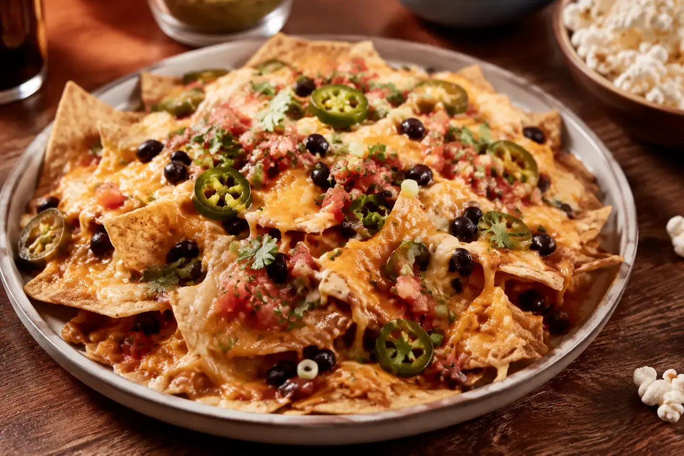Loaded nachos met zwarte bonen, kaas en jalapeño.