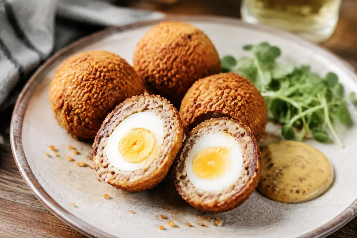 Mini-Scotch eggs met kwartelei en krokante korst.