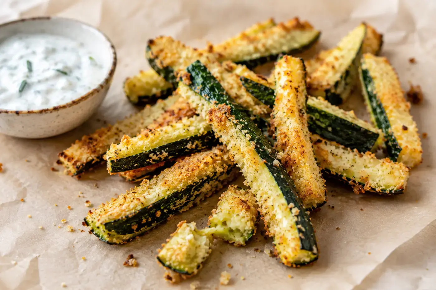 Krokante courgettefriet met Parmezaan en yoghurtdip.