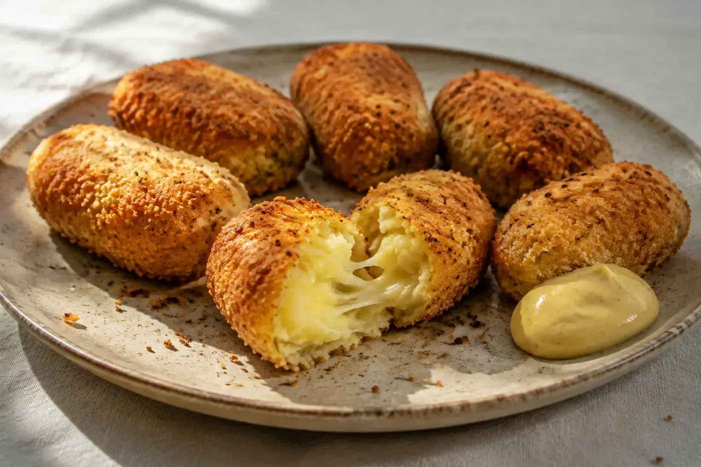 Aardappelkroketjes met gesmolten oude kaas.
