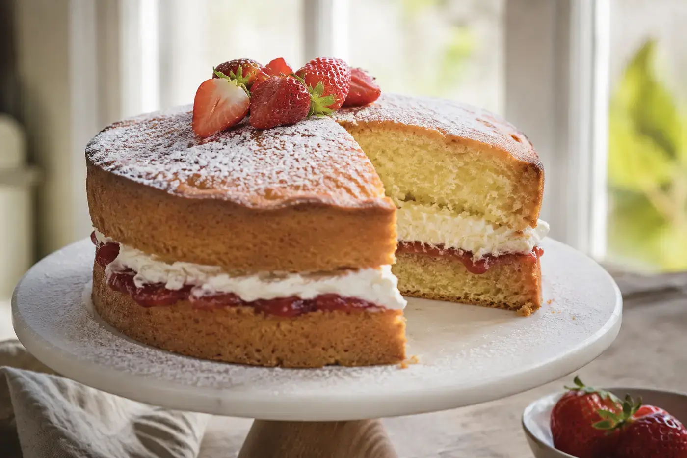 Victoria sponge met aardbeienjam en slagroom.