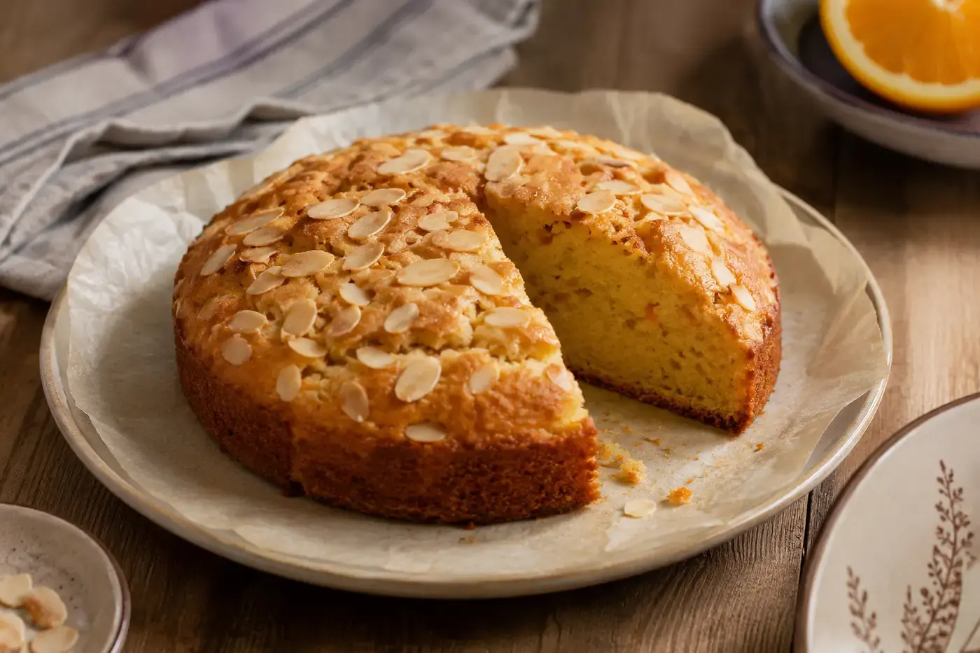 Sinaasappel-amandelcake met amandelschaafsel.