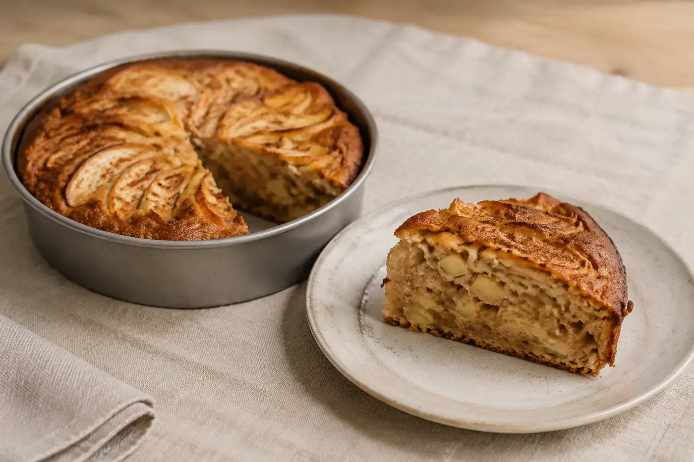 Kaneel-appelcake met appelschijfjes uit de airfryer.