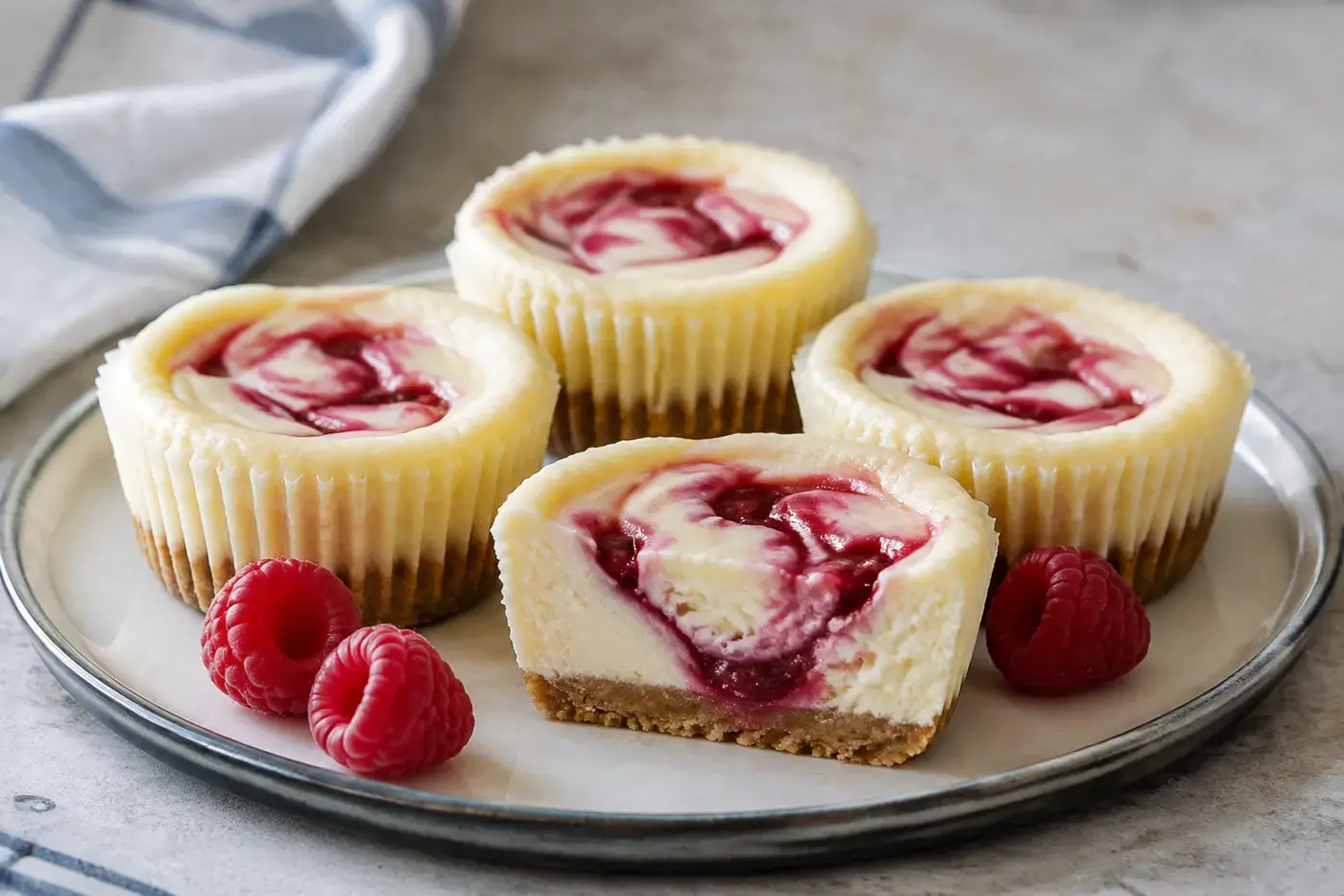 Mini-cheesecakes met koekbodem en frambozenswirl.