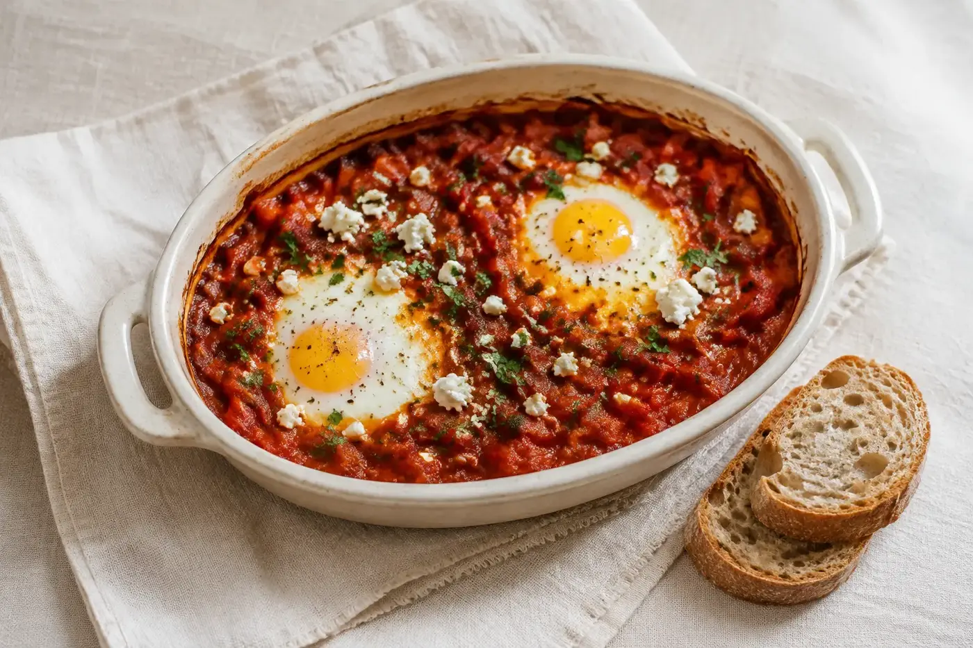 Shakshuka met twee eieren, feta en peterselie in een lichte ovenschaal