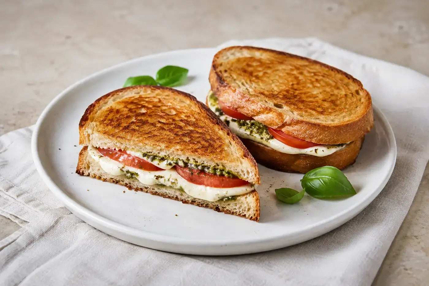Krokante capresebroodjes met mozzarella, tomaat en groene pesto