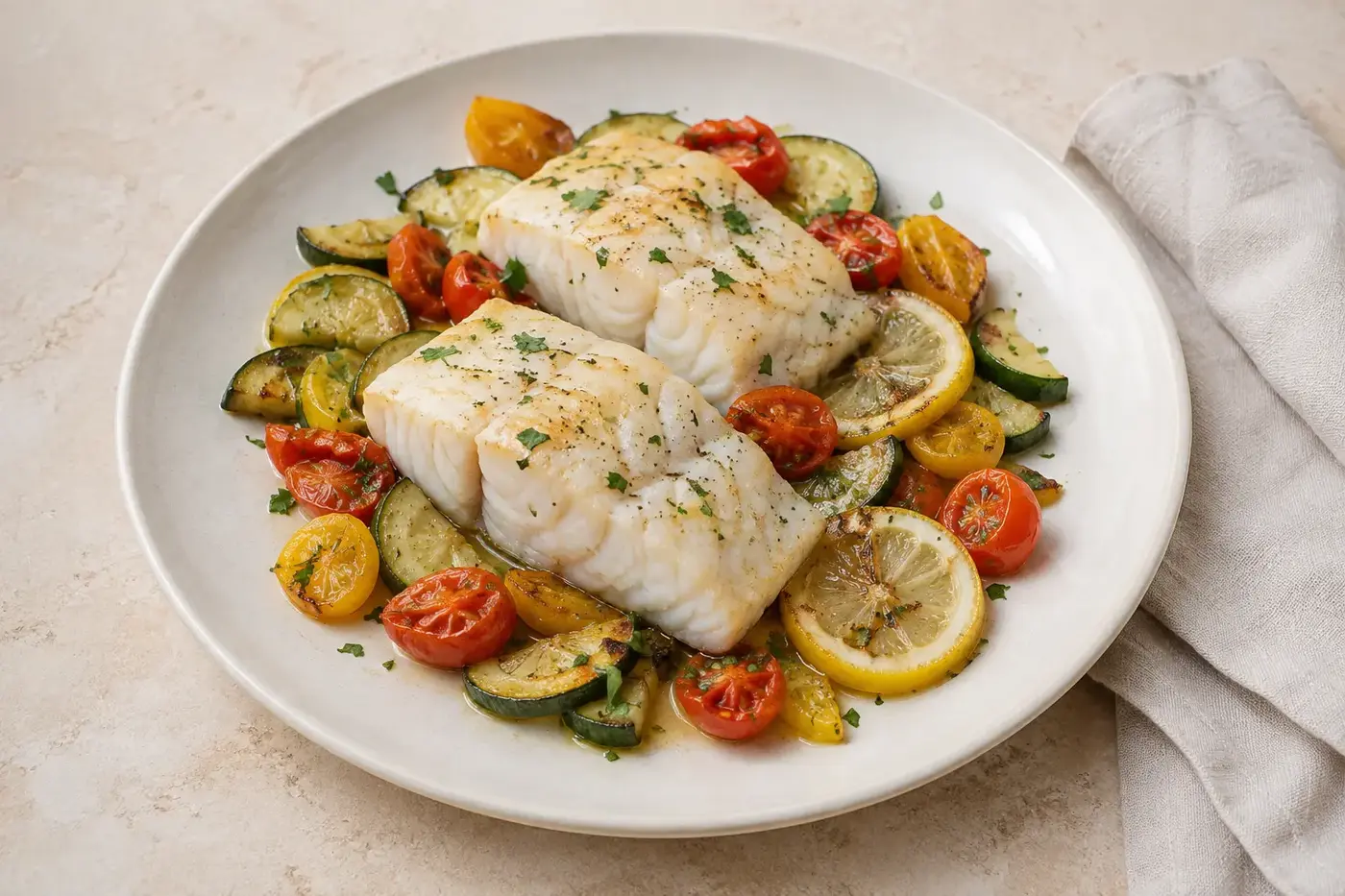 Kabeljauwfilets met geroosterde courgette, cherrytomaten en citroen
