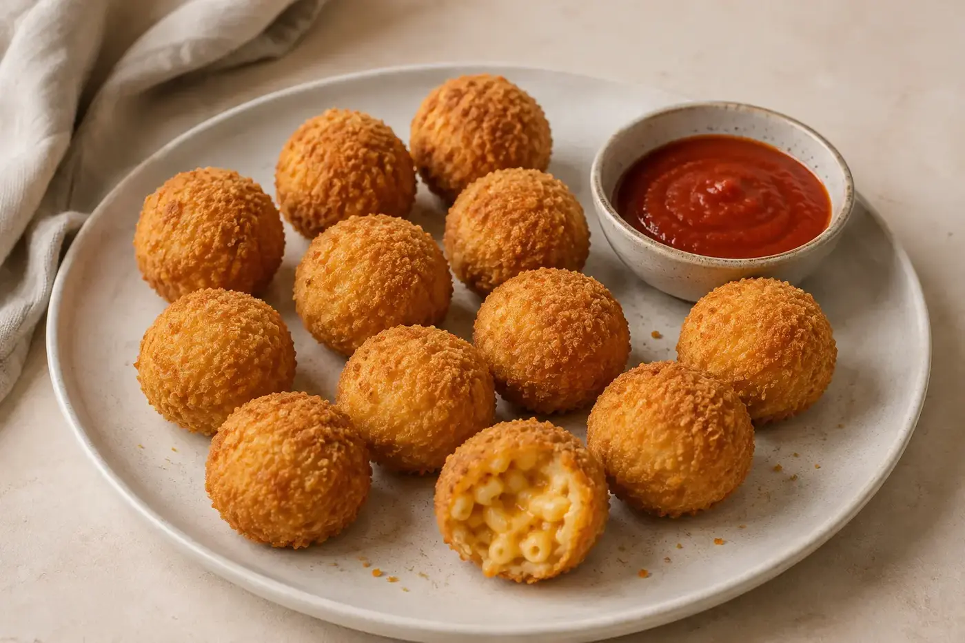 Goudbruine mac-and-cheesehapjes met krokante panko en tomatendip