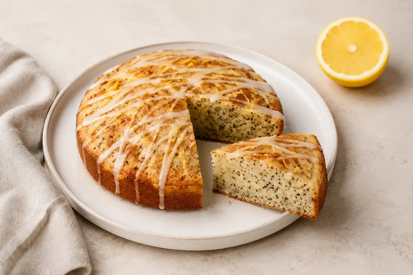 Kleine citroen-maanzaadcake met citroenglazuur en een aangesneden punt
