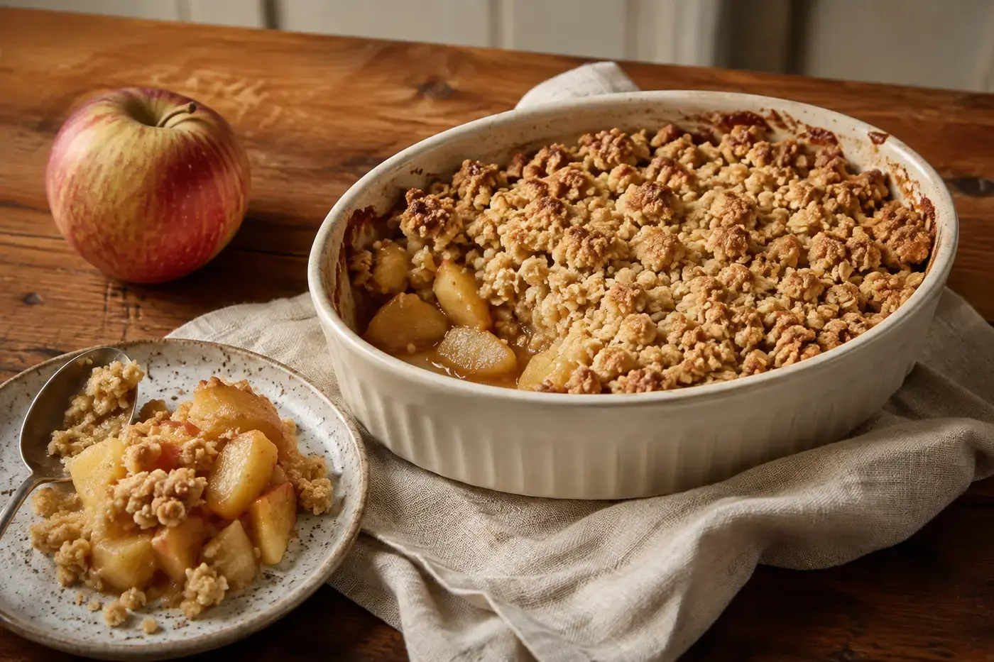 Warme appelcrumble uit de airfryer met zachte appelstukjes en een goudbruine kruimellaag