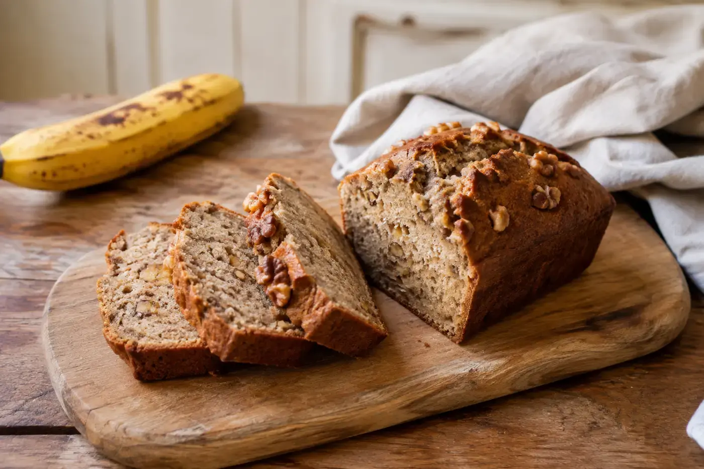 Gesneden bananenbrood uit de airfryer met walnoten en een natuurlijk gebarsten bovenkant