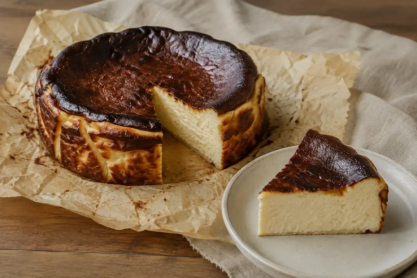 Baskische cheesecake uit de airfryer met een donkere gekaramelliseerde bovenkant en romige binnenkant
