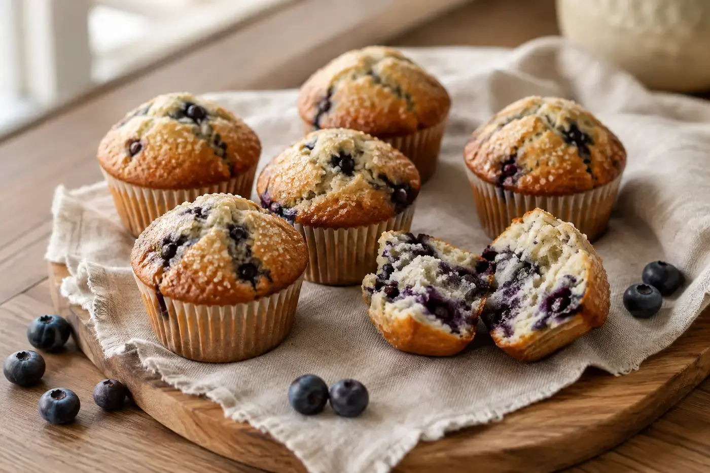 Goudbruine bosbessenmuffins uit de airfryer met een luchtige binnenkant en verse bosbessen