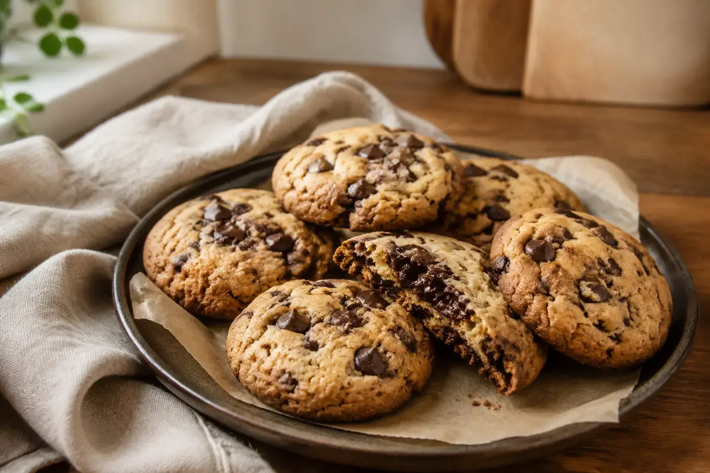 Goudbruine chocolate-chipcookies uit de airfryer met pure chocolade en een zachte binnenkant
