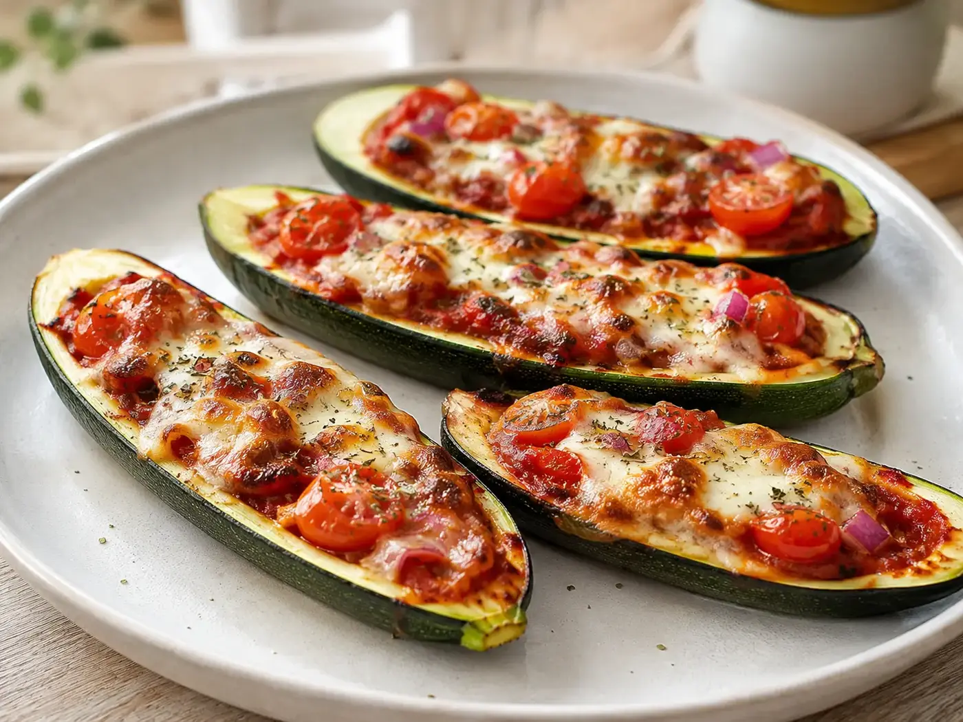 Courgettehelften met tomatensaus, groenten en goudbruine mozzarella