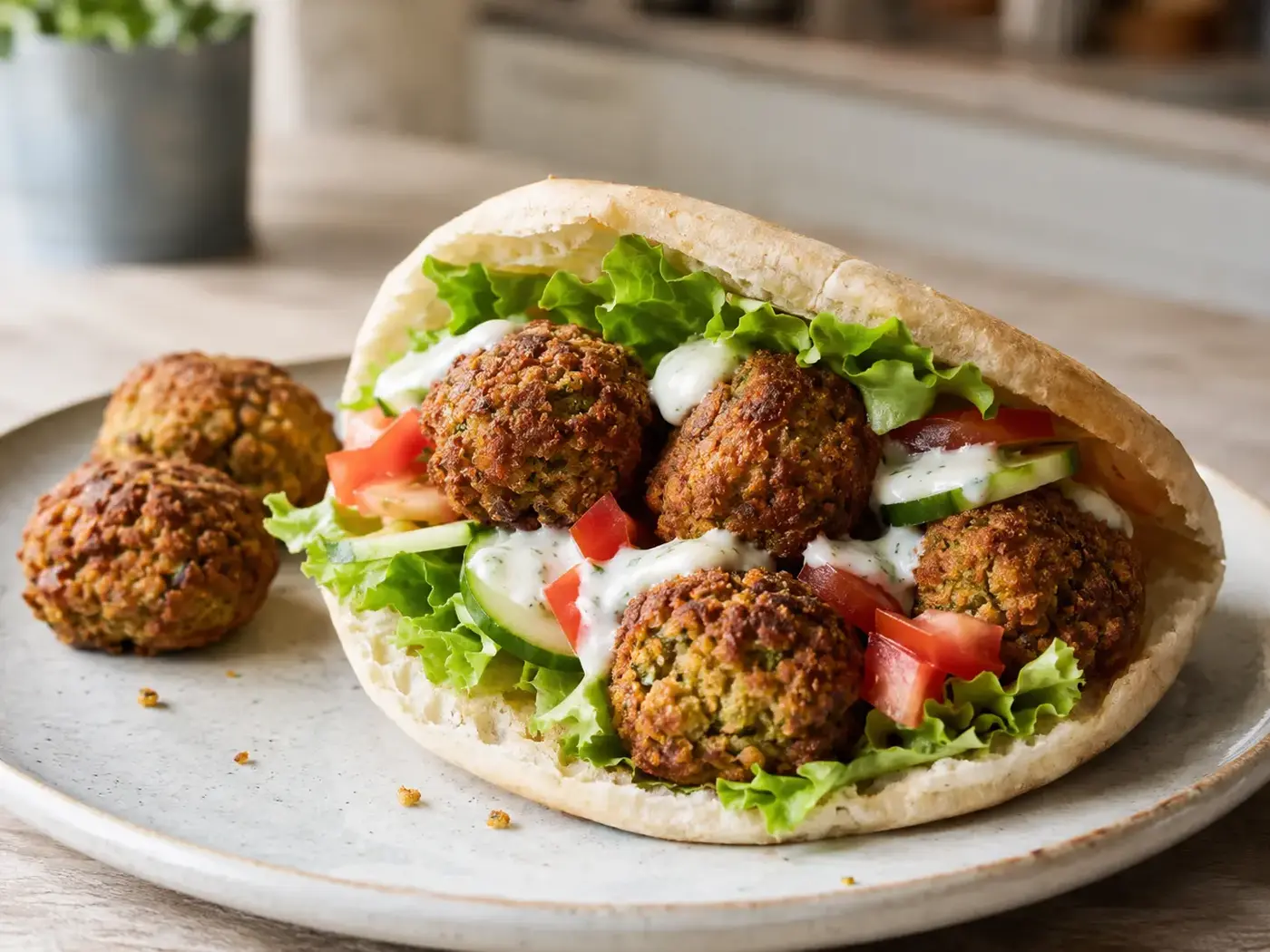 Pitabrood gevuld met krokante falafel, sla, tomaat en komkommer
