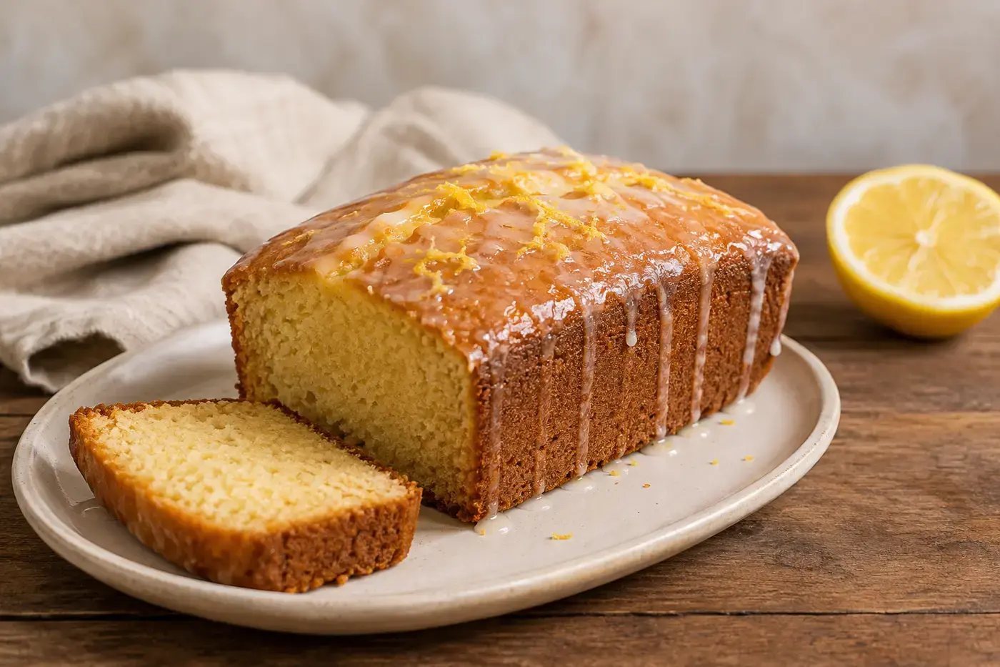 Frisse citroencake uit de airfryer met citroendruppel, geraspte citroenschil en een aangesneden plak