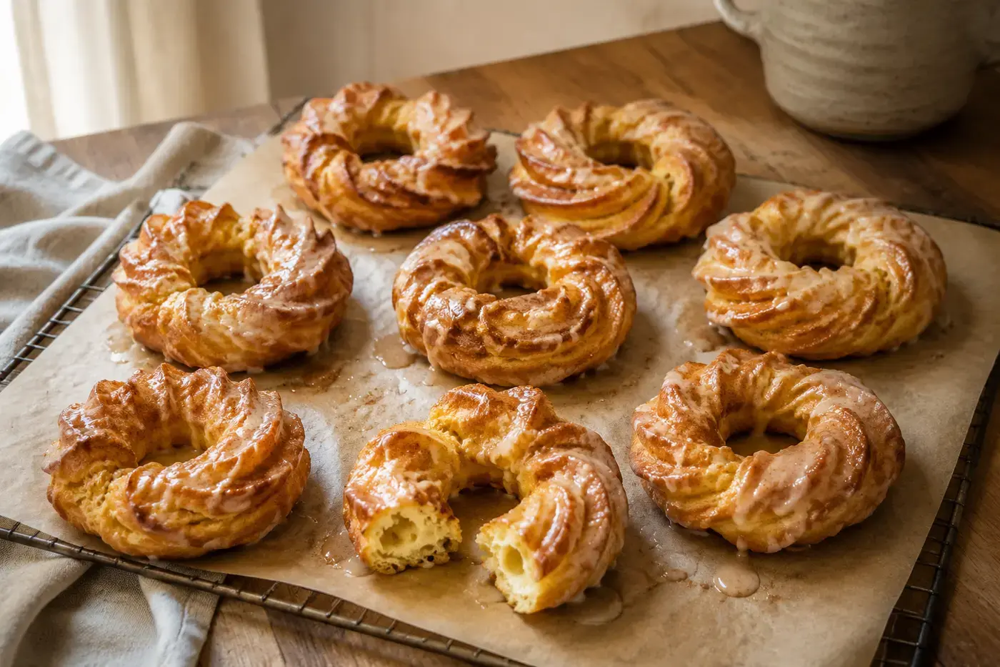 Goudbruine chouxnuts uit de airfryer met kaneelglazuur en een luchtige holle binnenkant