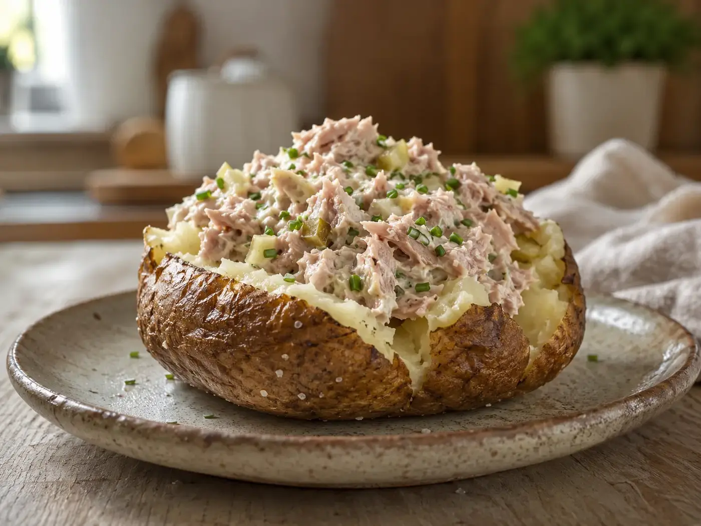 Gepofte aardappel met een frisse tonijnvulling, augurk en bieslook