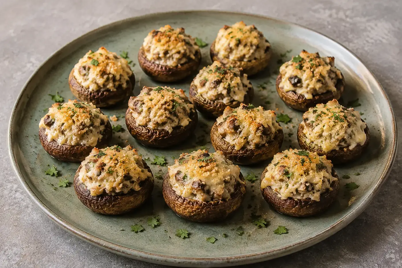 Twaalf gevulde champignons met goudbruine kaas, panko en verse peterselie